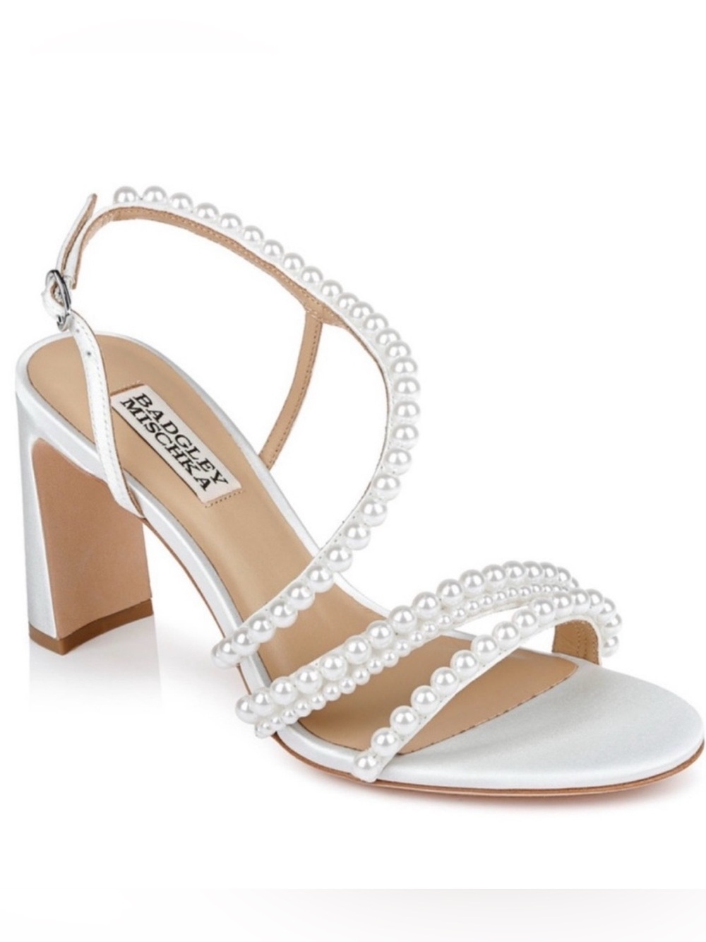 Badgley Mischka White Pearl-Strap Satin Heel Sandals Amora Size 10